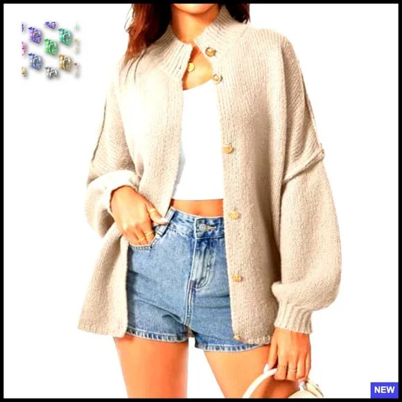 Oversized Chunky Knit Cardigan Lantern Sleeve Button Down Loose Fit Sweater Coat